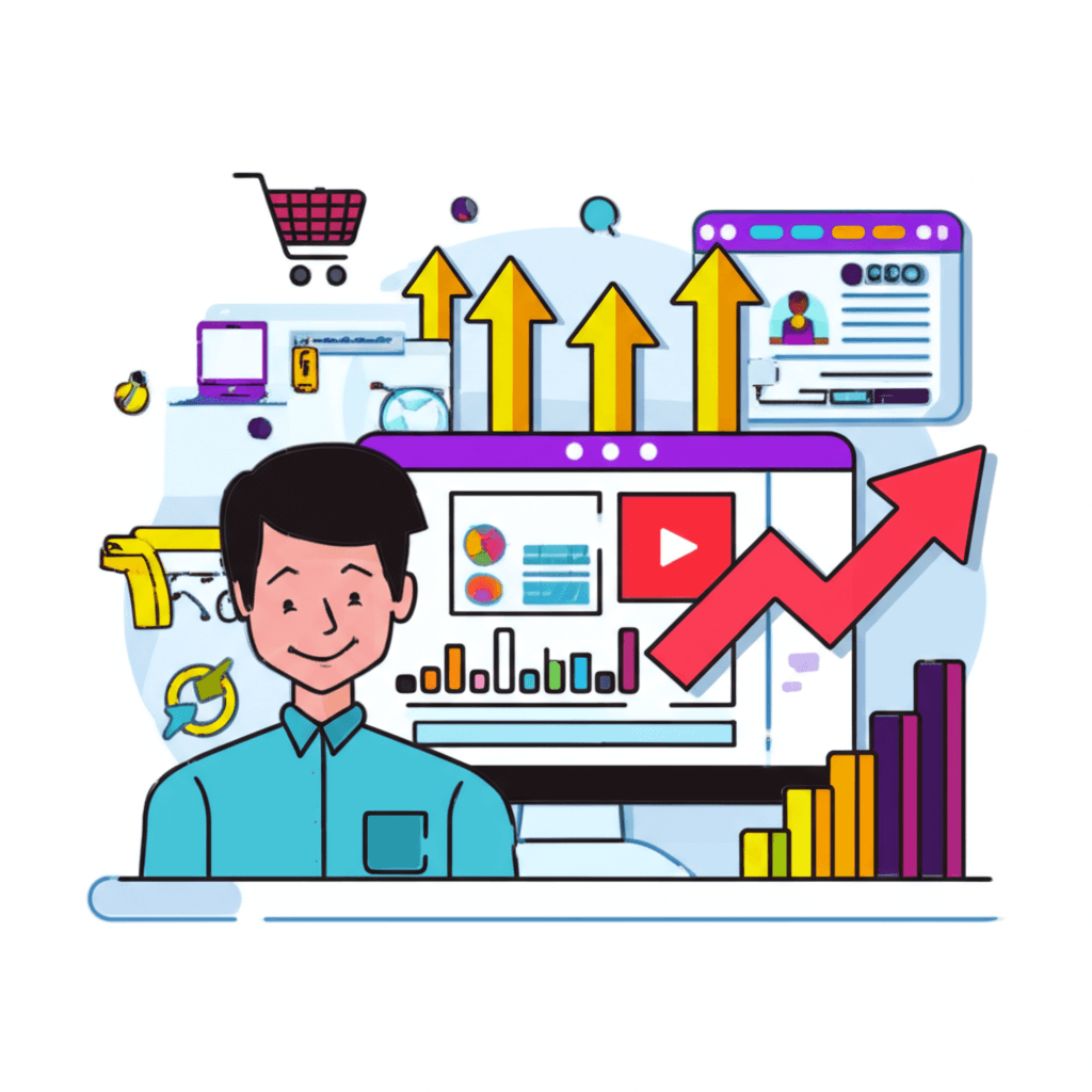 Profesional de marketing analizando gráficos de SEO con elementos de e-commerce y flechas de crecimiento.