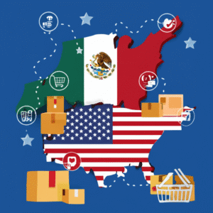 Mapa de México y Estados Unidos con iconos de e-commerce y flechas que indican flujo comercial.