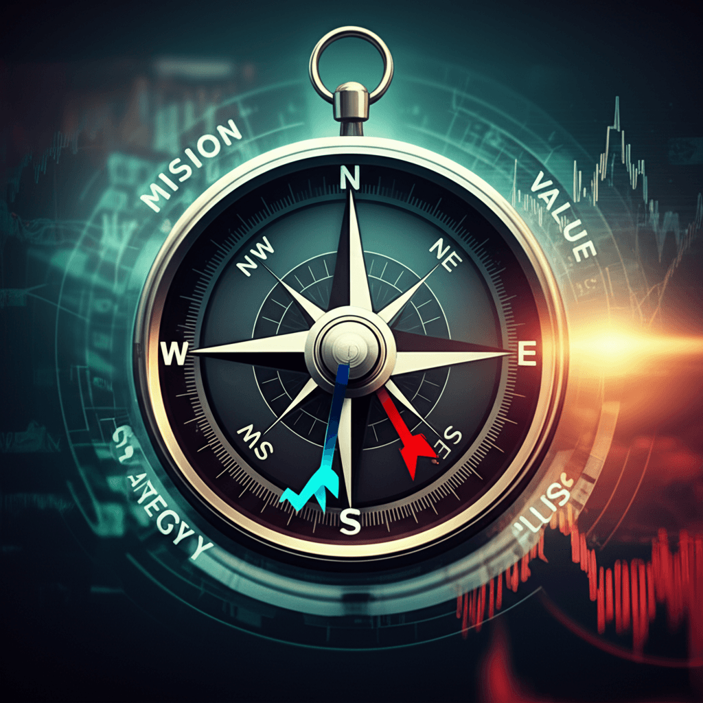 Brújula con conceptos de misión, visión y valores en un entorno empresarial dinámico.