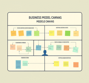 Ilustración de un Modelo Canvas completado con notas e ideas.