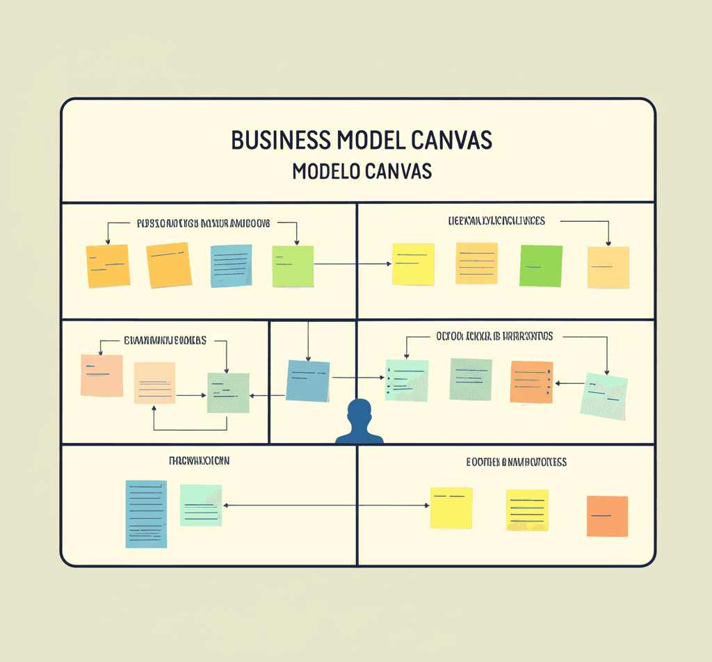 Ilustración de un Modelo Canvas completado con notas e ideas.