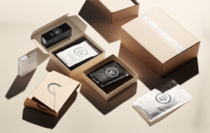 Variedad de cajas y envoltorios de diferentes tamaños y materiales, mostrando productos empaquetados y listos para el envío, con el logo de una marca de e-commerce en el fondo.