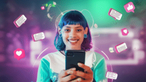 Una persona joven y carismática utilizando un smartphone, rodeada de iconos de redes sociales, likes y comentarios, simbolizando su rol de influencer digital.
