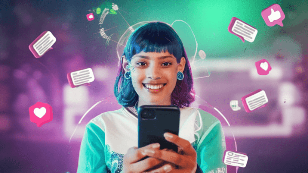 Una persona joven y carismática utilizando un smartphone, rodeada de iconos de redes sociales, likes y comentarios, simbolizando su rol de influencer digital.