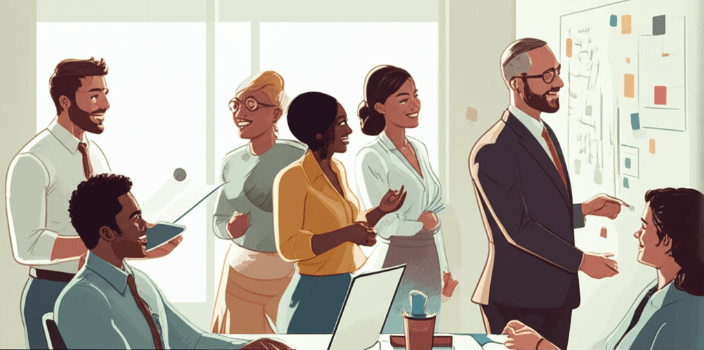 Personas interactuando en un entorno de oficina moderno, mostrando diversas habilidades blandas como comunicación, trabajo en equipo y liderazgo