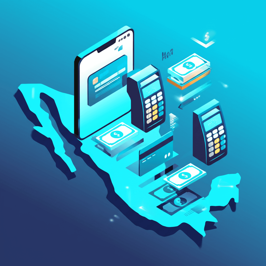 Ilustración de diversas tarjetas de crédito y efectivo flotando sobre un mapa estilizado de México, conectado a un carrito de compras digital.