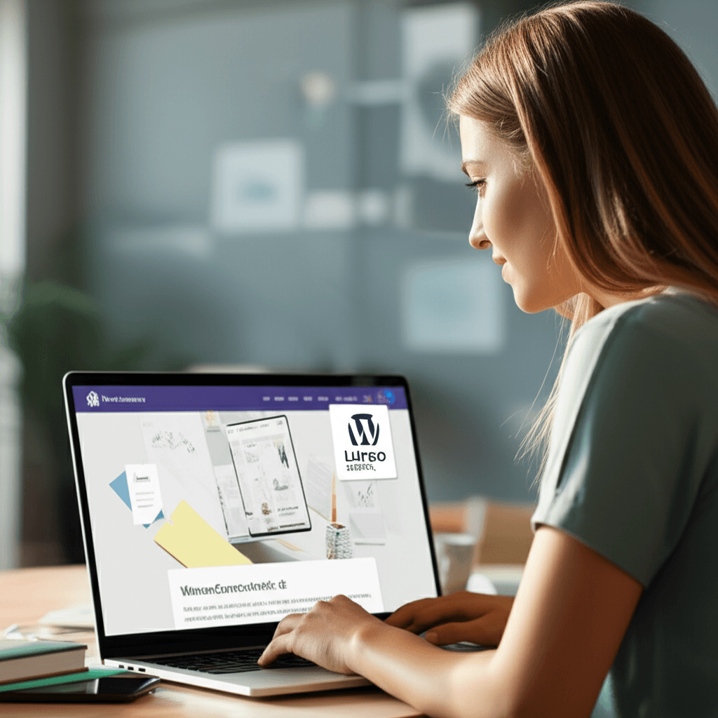 Emprendedor feliz frente a su computadora con su tienda online, mostrando los logos de WooCommerce y Lúreo Digital.