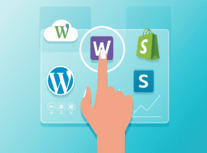 Representación visual de diferentes plataformas de e-commerce con logos y un cursor eligiendo una de ellas, simbolizando la decisión.
