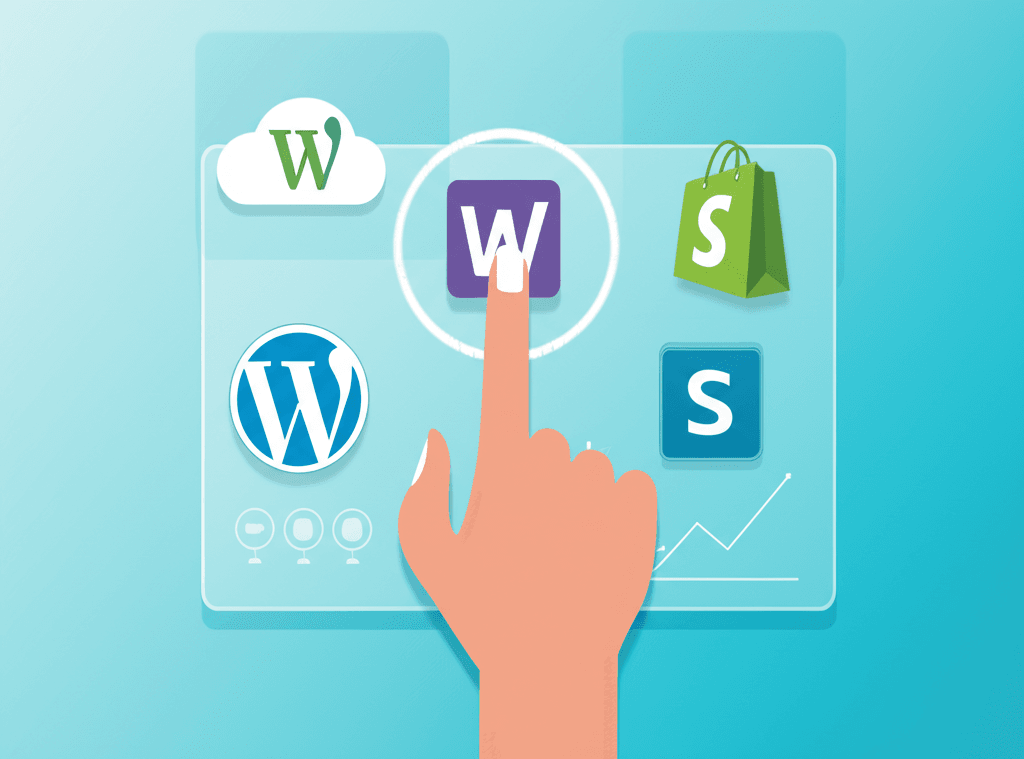 Representación visual de diferentes plataformas de e-commerce con logos y un cursor eligiendo una de ellas, simbolizando la decisión.