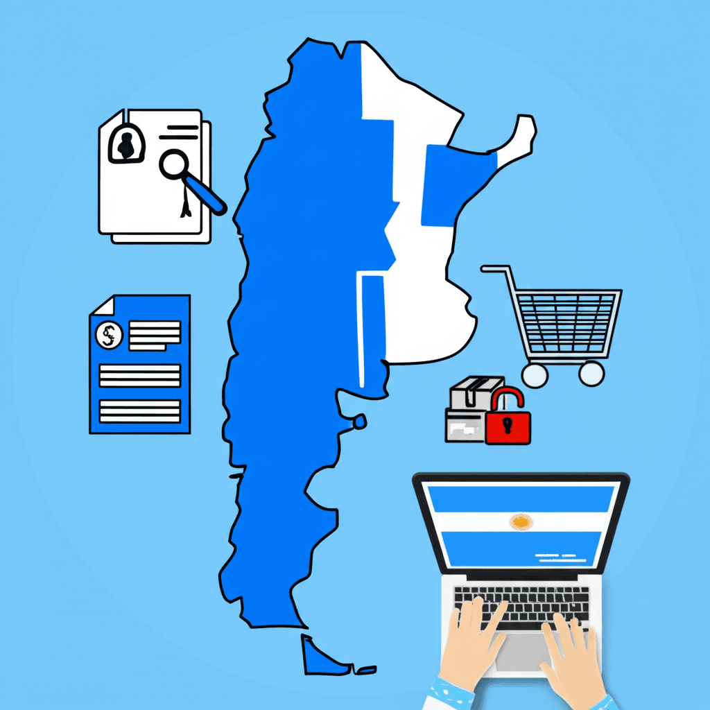 Manos sosteniendo una tableta con un gráfico de crecimiento y documentos legales digitalizados sobre un mapa de Argentina.