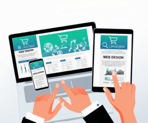 Manos construyendo una página web en un entorno digital, con elementos de negocio y diseño.