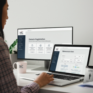 Persona registrando un dominio web en la página de NIC Argentina desde una computadora.