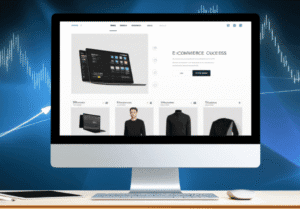 Diseño de tienda online moderna y atractiva con elementos de e-commerce y gráficos de ventas en ascenso.