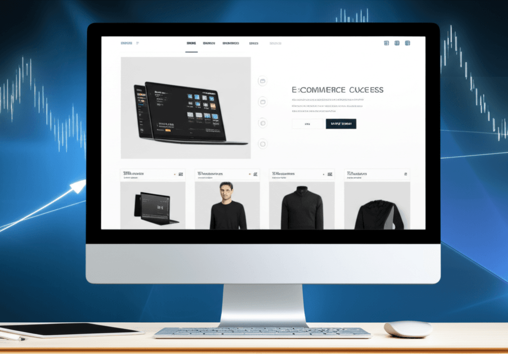 Diseño de tienda online moderna y atractiva con elementos de e-commerce y gráficos de ventas en ascenso.