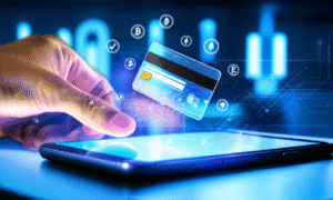 Ilustración de una mano sosteniendo una tarjeta de crédito virtual sobre un dispositivo móvil, con elementos de seguridad y transacciones digitales flotando alrededor.