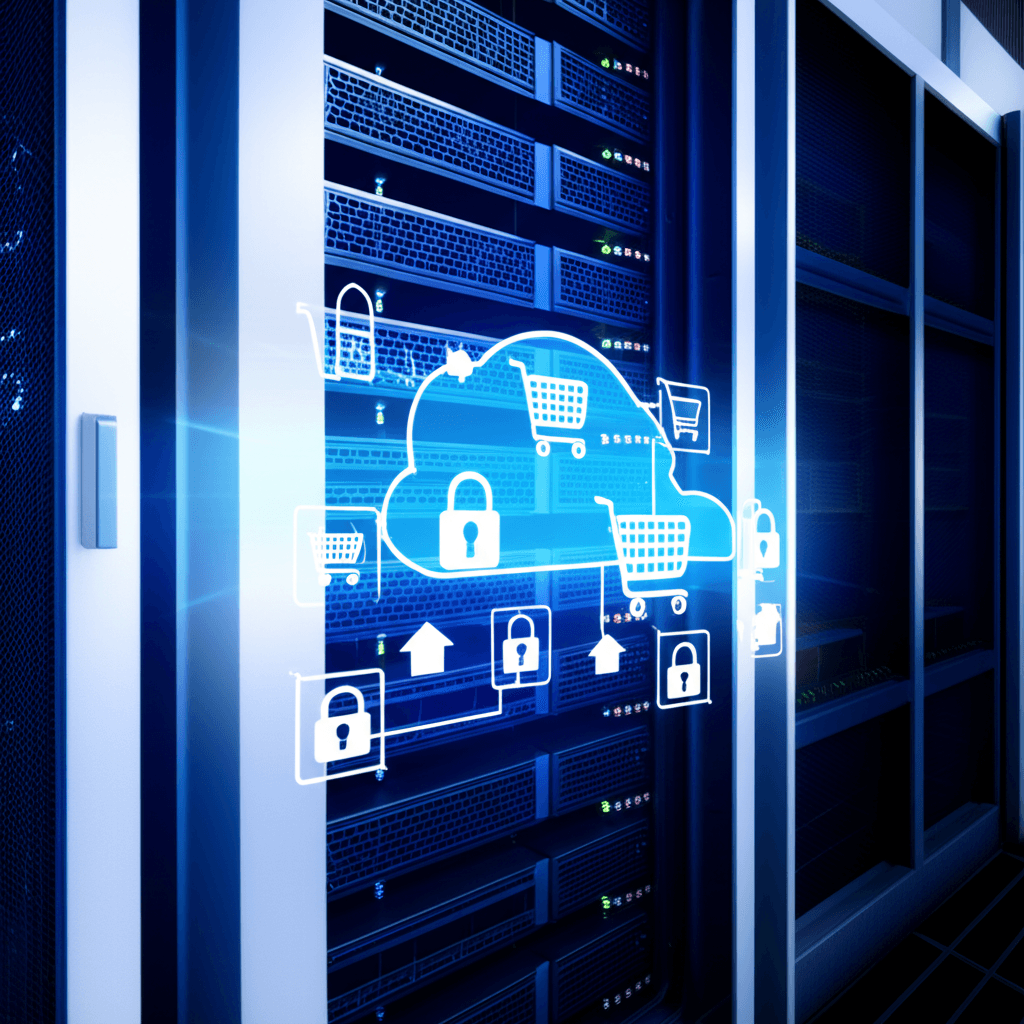 Servidor con iconos de e-commerce y candado de seguridad