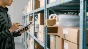 Paquetes listos para ser enviados desde una tienda online, con elementos de empaque y una guía de rastreo visible.