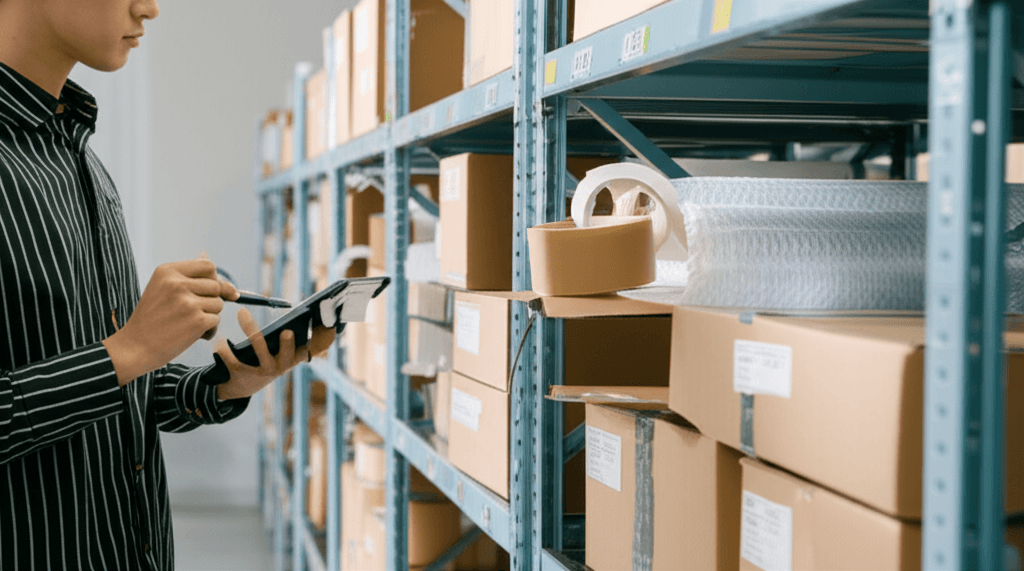 Paquetes listos para ser enviados desde una tienda online, con elementos de empaque y una guía de rastreo visible.