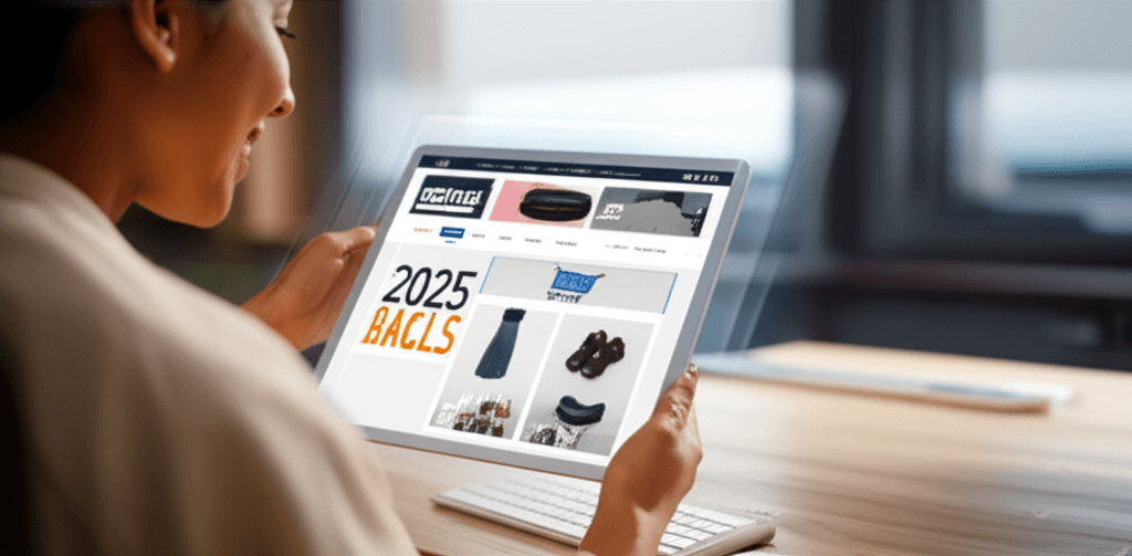 Persona emocionada viendo su tienda online exitosa en una tablet, rodeada de productos.