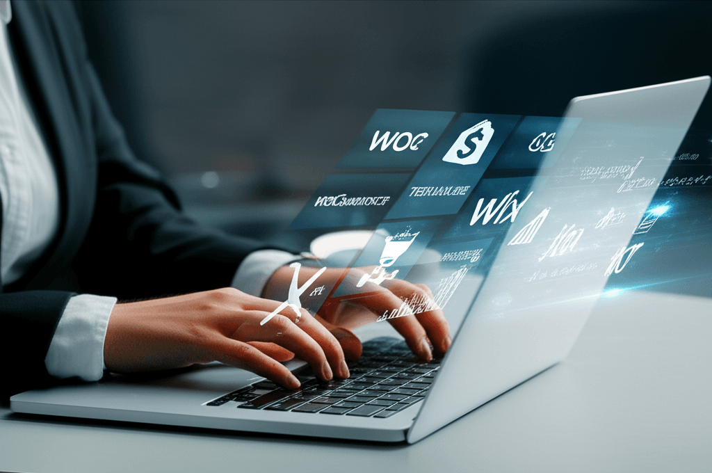 Profesional diseñando una página web con elementos de costo y logos de plataformas web.