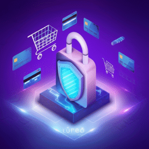 Candado digital simbolizando la seguridad en e-commerce con un logo de Lúreo Digital.