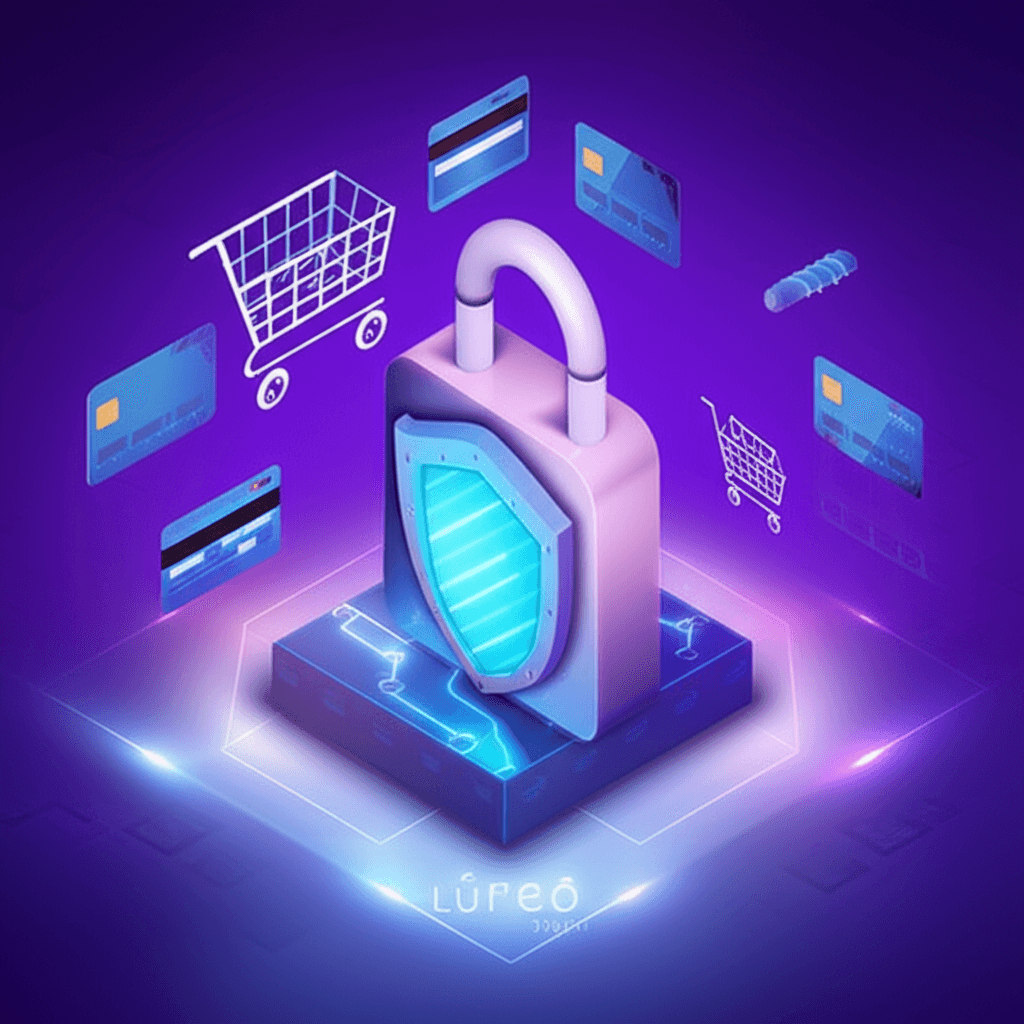 Candado digital simbolizando la seguridad en e-commerce con un logo de Lúreo Digital.