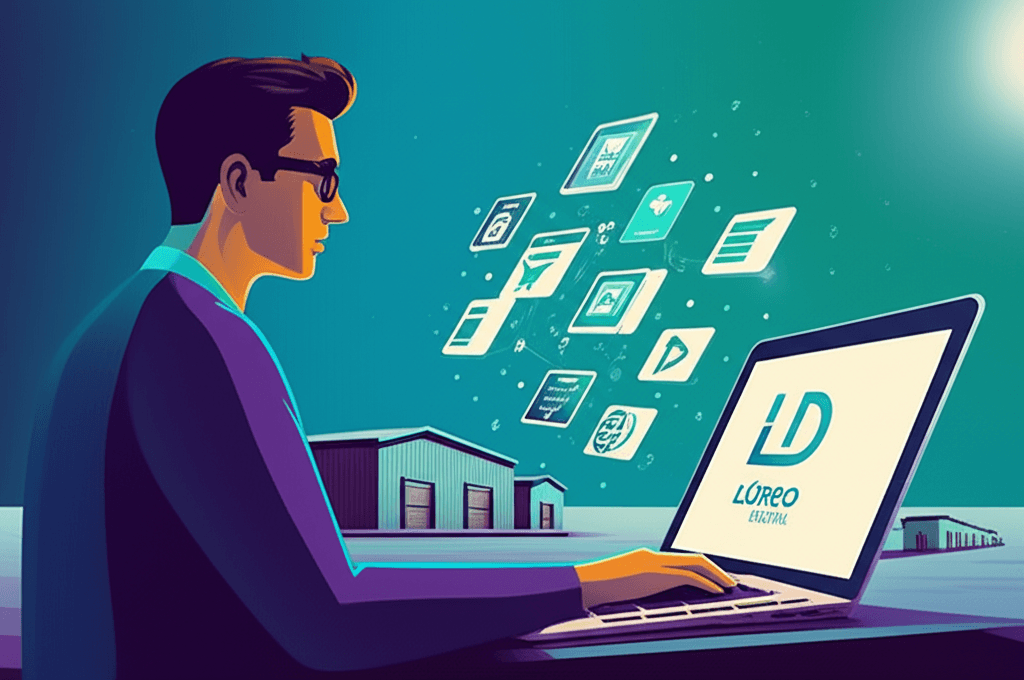 Persona gestionando un e-commerce sin inventario, con un ordenador y productos virtuales flotando.