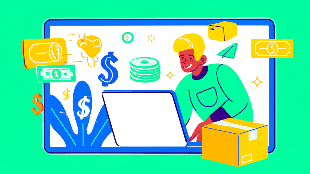 Persona sonriente trabajando en una laptop con cajas de envío y símbolos de dinero flotando alrededor, representando un negocio online sin inventario.
