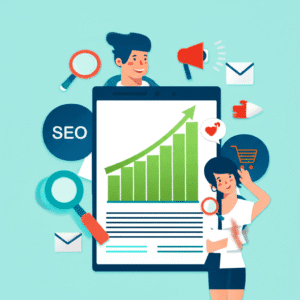 Persona feliz viendo el crecimiento de su negocio online en un gráfico digital, con elementos de marketing digital alrededor.