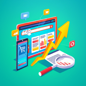 Estrategias de SEO para E-commerce, gráfico con lupas y elementos de marketing digital