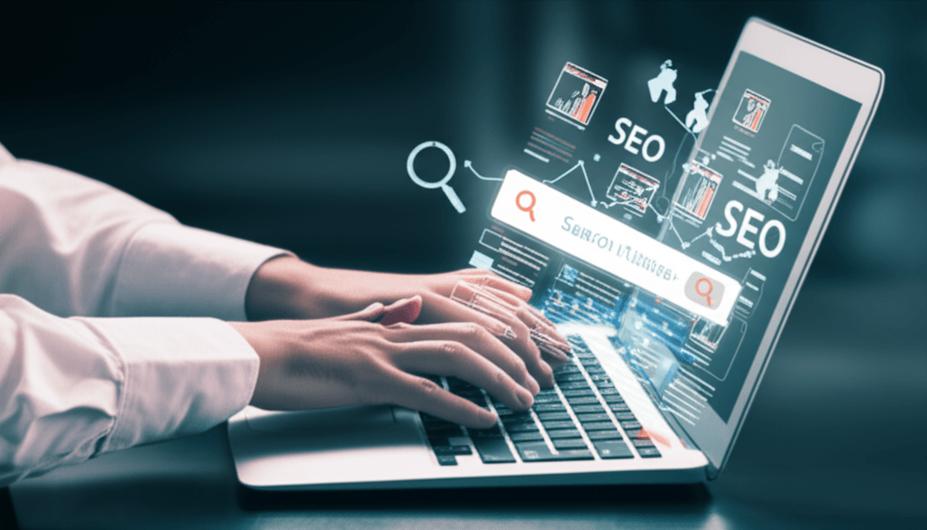 Persona optimizando una página web en un ordenador con gráficos de crecimiento SEO.