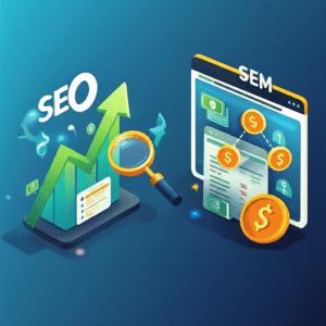 Gráfico comparativo de SEO y SEM con elementos de búsqueda y crecimiento.