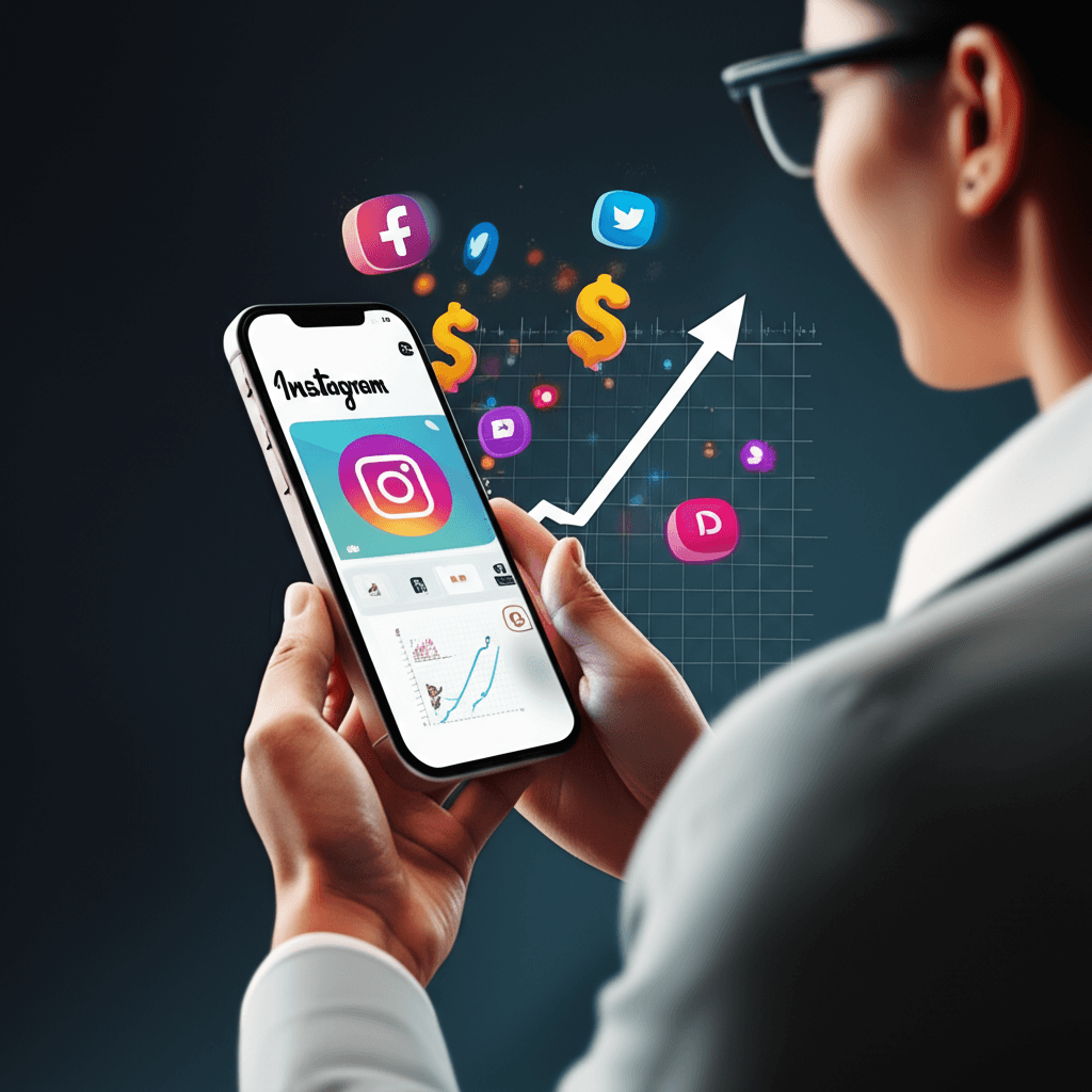 Una persona utilizando su celular para crear anuncios en Instagram, con gráficos de crecimiento y likes superpuestos.