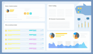 Ilustración de un dashboard de CRM mostrando gráficos de ventas, clientes y métricas, con personas interactuando digitalmente.