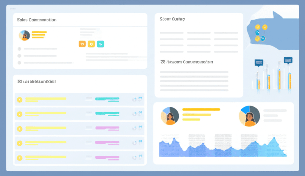 Ilustración de un dashboard de CRM mostrando gráficos de ventas, clientes y métricas, con personas interactuando digitalmente.