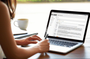 Una persona escribiendo una descripción de producto detallada en una laptop, con elementos de tienda online visibles.