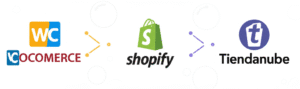 Comparativa de plataformas de e-commerce: WooCommerce, Shopify y Tiendanube, con logos y elementos que representan sus características.