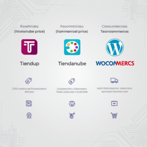 Gráfico comparativo de plataformas de e-commerce: Tiendup, Tiendanube y WooCommerce con logos e iconos de características.