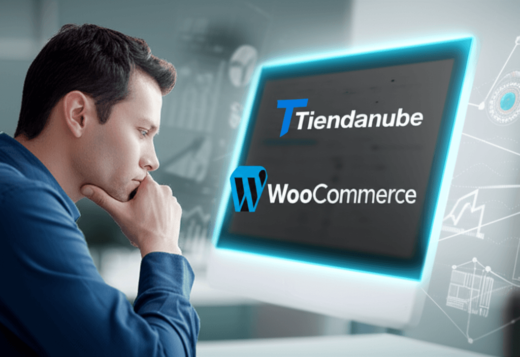 Persona analizando opciones de plataformas de e-commerce, con logotipos de Tiendanube y WooCommerce.
