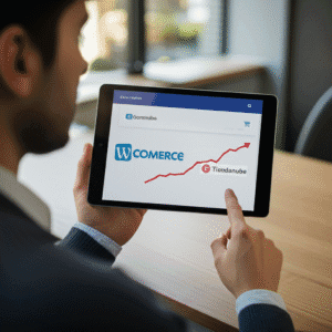 Persona navegando en una tablet con gráficos de e-commerce y logos de WooCommerce y Tiendanube.