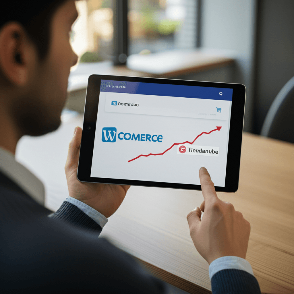Persona navegando en una tablet con gráficos de e-commerce y logos de WooCommerce y Tiendanube.