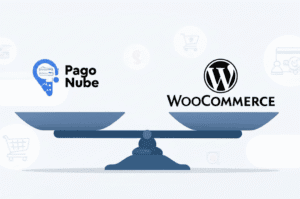 Dos manos, una sosteniendo un logo de Pago Nube y la otra un logo de WooCommerce, comparándose en un fondo digital con elementos de comercio electrónico.