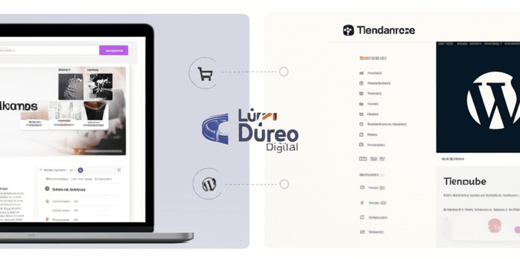 Comparación de plataformas Tiendanube y WooCommerce con el logo de Lúreo Digital