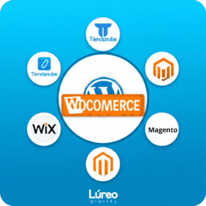 Gráfico comparativo de plataformas de e-commerce destacando WooCommerce con el logo de Lúreo Digital.