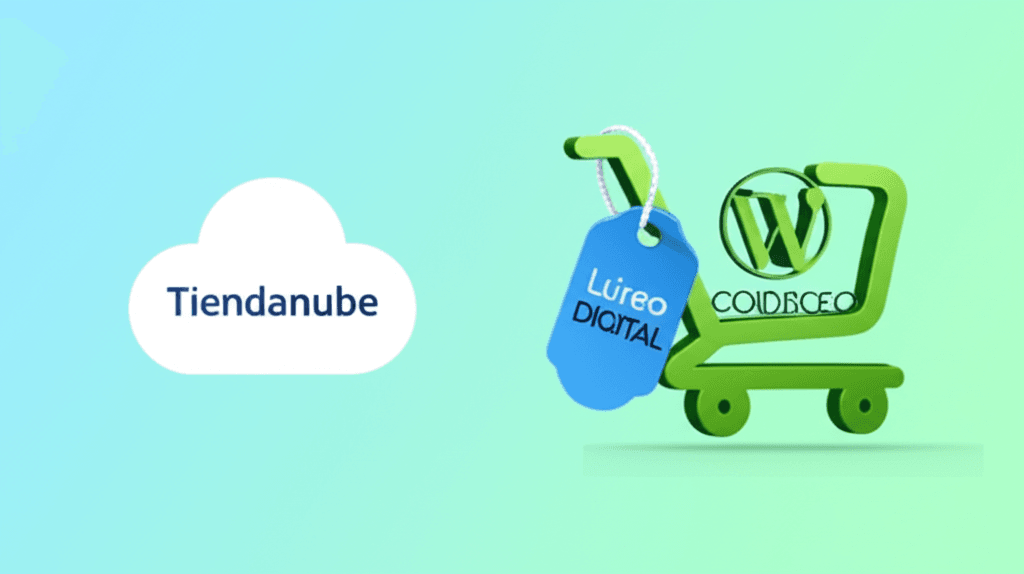 Comparación entre plataformas de e-commerce, Tiendanube y WooCommerce, con el logo de Lúreo Digital.