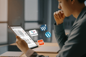 Emprendedor evaluando las plataformas Zyro, Tiendanube y WooCommerce en una tablet.