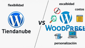 Gráfico comparativo de plataformas de e-commerce, con logotipos de Tiendanube y WooCommerce, destacando beneficios de flexibilidad y escalabilidad.