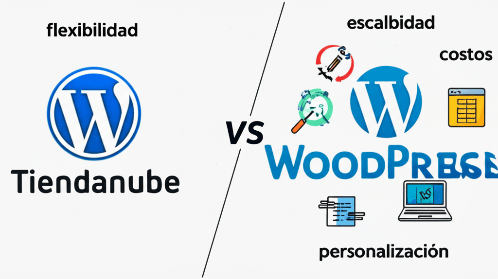 Gráfico comparativo de plataformas de e-commerce, con logotipos de Tiendanube y WooCommerce, destacando beneficios de flexibilidad y escalabilidad.
