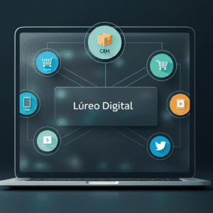 Vista de un tablero digital mostrando diversas aplicaciones e integraciones conectadas a una tienda online, con el logo de Lúreo Digital sutilmente integrado