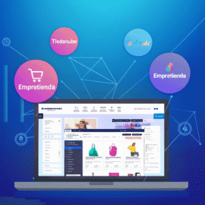 Diseño de tienda online en WooCommerce, con logos de Tiendanube y Empretienda en el fondo
